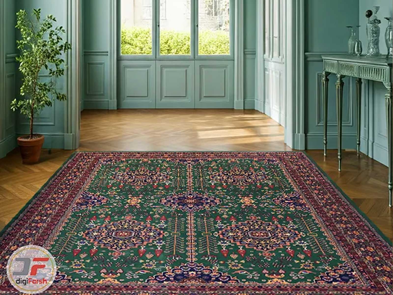 بهترین فرش ماشینی طرح دستباف زمینه سبز